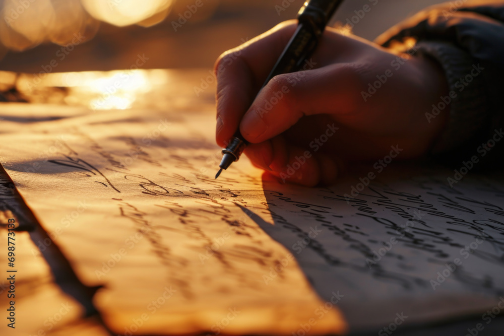 Poster a person is seen writing on a piece of paper with a pen. this image can be used for various purposes