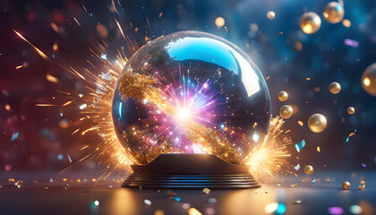 Fantastic abstract, broken mirror ball with reflection of a futuristic city, advertising banner for design,
