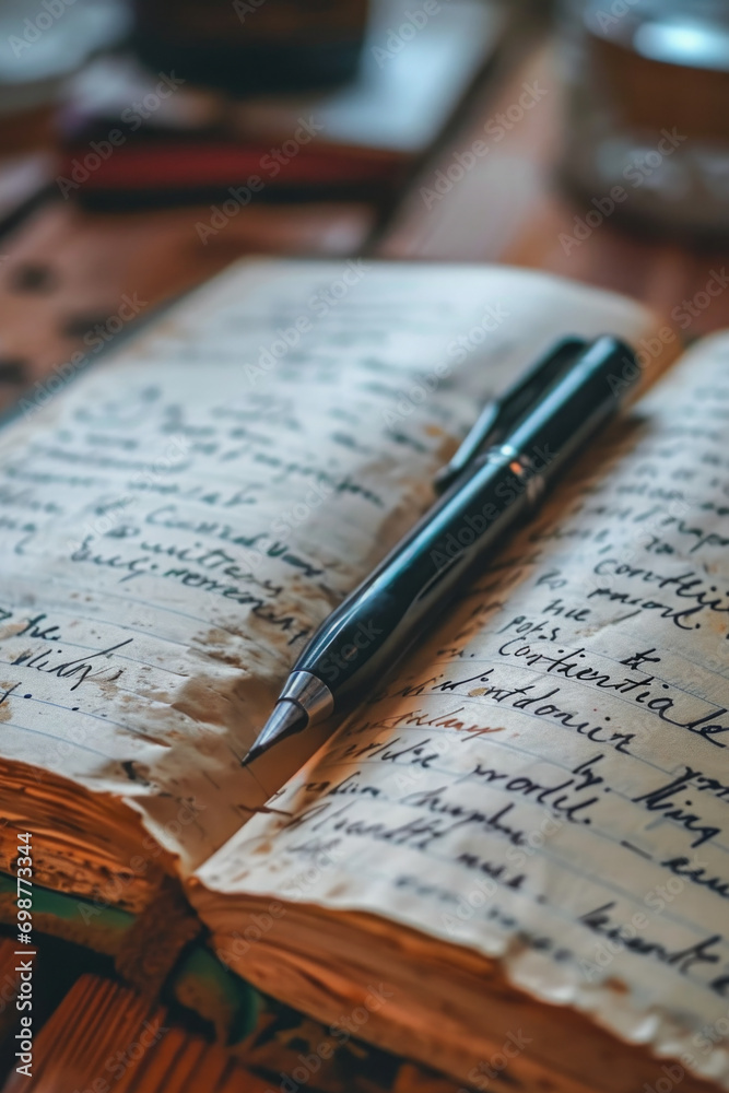 Poster an open book with a pen resting on top. perfect for educational or writing related projects