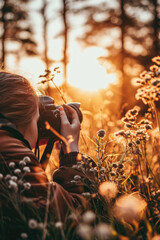 A woman capturing a picturesque field with a camera. Suitable for nature photography, travel blogs, and advertising campaigns