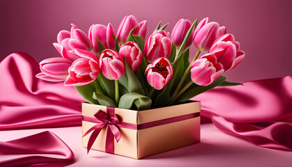 Gift box with a bouquet of tulips. Card template for Mother's Day, International Women's Day, Birthday, Valentine's Day.	
