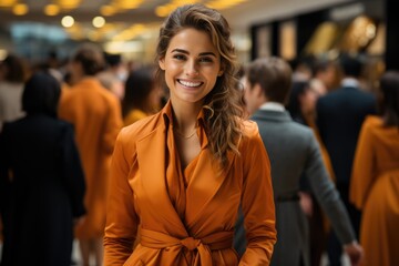 Happy attractive young woman wearing black coat shopping for trendy clothes in shopping mall. - obrazy, fototapety, plakaty