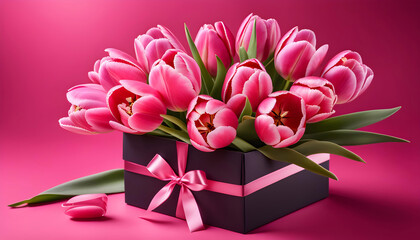 Gift box with a bouquet of tulips. Card template for Mother's Day, International Women's Day, Birthday, Valentine's Day.	
