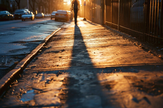 A person walking down a sidewalk during a beautiful sunset. This image can be used to represent tranquility and the beauty of nature