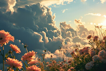 A field full of pink flowers under a cloudy sky. Perfect for nature or landscape themes - Powered by Adobe