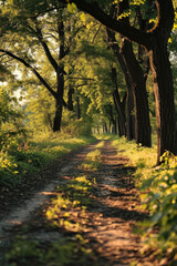 Fototapeta premium A scenic dirt road surrounded by lush trees and green grass. Ideal for nature and outdoor-themed projects