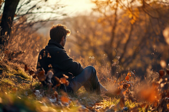 A man sitting on the ground in the woods. This image can be used to represent solitude, contemplation, or nature