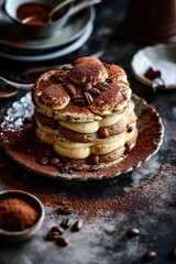 Photo of tiramisu dessert. Photographing desserts for restaurant and cafe menus. Food Photography