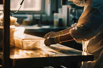 A person can be seen preparing food on a kitchen table. This image can be used to showcase cooking, food preparation, or meal planning