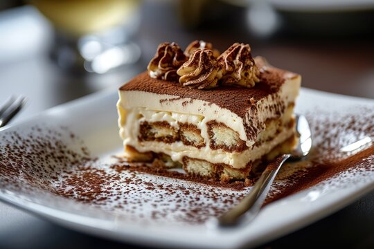 Photo of tiramisu dessert. Photographing desserts for restaurant and cafe menus. Food Photography