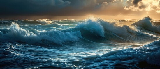 Stunning seascape with incredible lighting and rolling waves. - obrazy, fototapety, plakaty