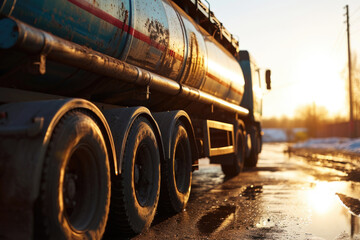 A tanker truck is parked on the side of the road. Suitable for transportation, logistics, and road safety concepts - obrazy, fototapety, plakaty