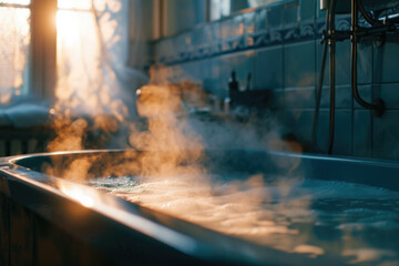 A hot tub with steam rising from the water, creating a relaxing and luxurious atmosphere. Perfect for promoting wellness and relaxation - obrazy, fototapety, plakaty