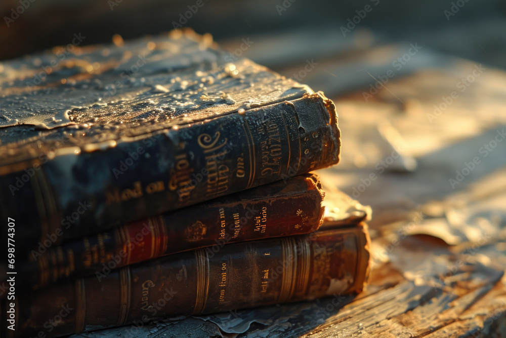 Poster a stack of books sitting on top of a wooden table. perfect for educational and library themes