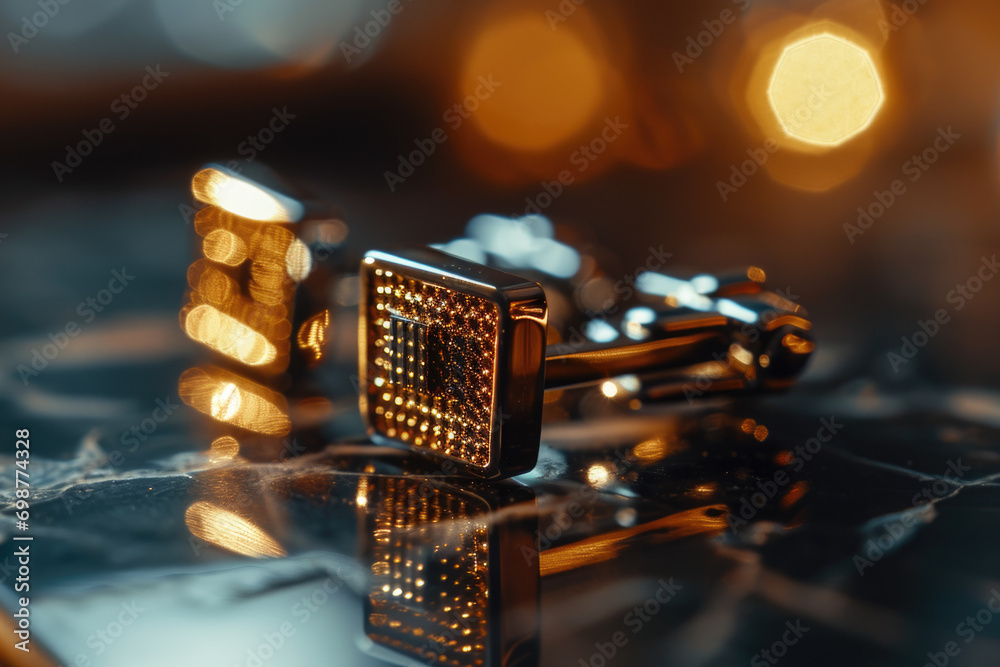 Poster A close-up view of a pair of cufflinks placed on a table. This image can be used to showcase men's fashion accessories or as a symbol of elegance and sophistication