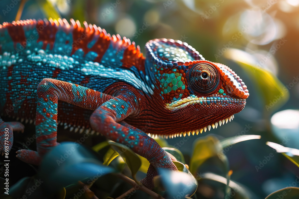 Aufkleber a close up view of a chameleon sitting on a tree branch. this image can be used to depict wildlife, 