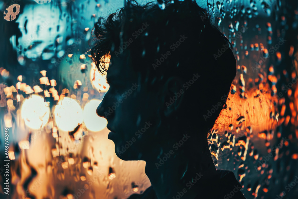 Poster A man standing in front of a window covered in rain, with a view of the outside. Suitable for various themes and concepts