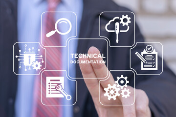 Man using virtual touch interafce sees inscription: TECHNICAL DOCUMENTATION. Concept of technical...