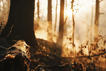 Sunlight shining through the trees in a peaceful forest. Suitable for nature-themed designs and outdoor-related content