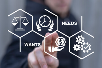 Man using virtual touch screen sees words: WANTS NEEDS. Concept of Wants Needs Desires. Business,...