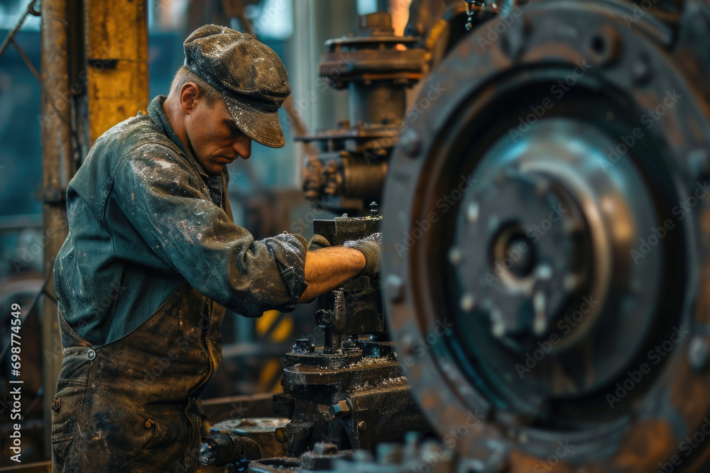 Poster a man is seen working on a machine in a factory. this image can be used to depict industrial work, m