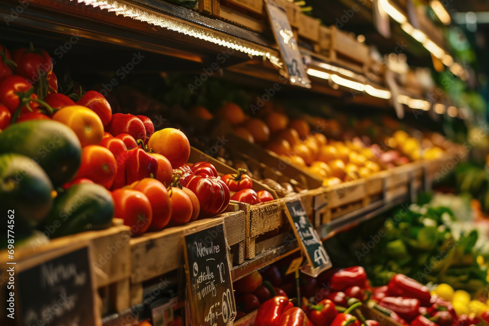 Poster a wide variety of fresh fruits and vegetables are displayed in the produce section of a grocery stor