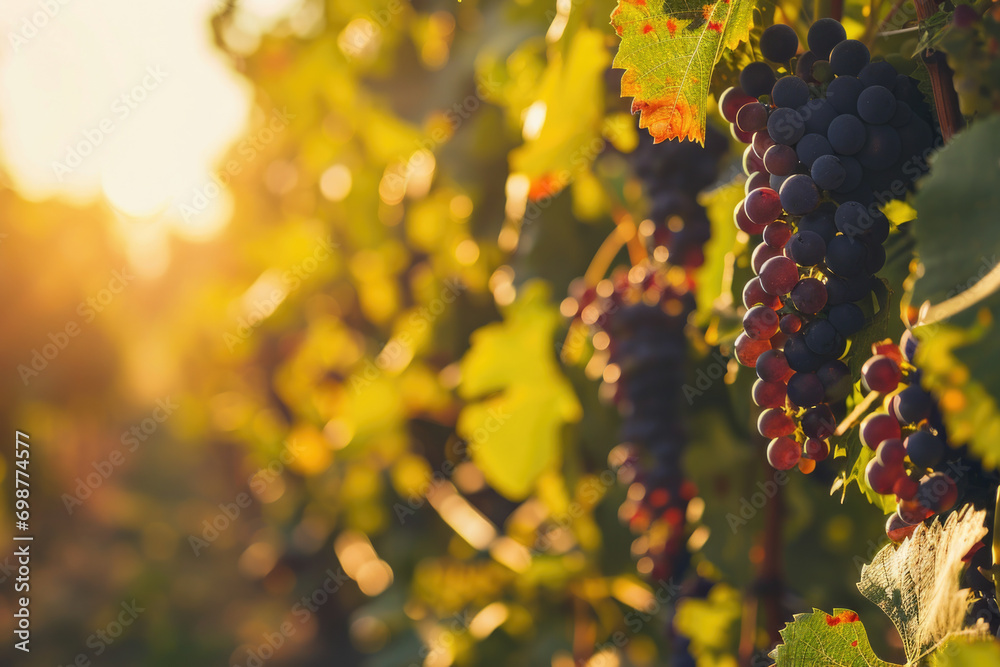 Poster a bunch of grapes hanging from a vine. this image can be used to depict vineyards, wine production, 