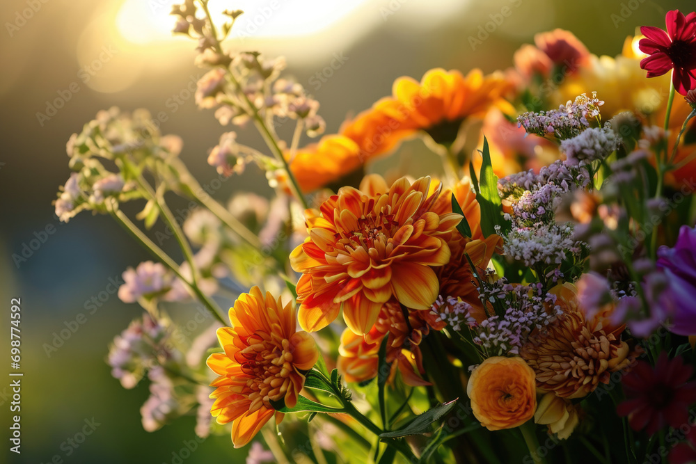 Poster A vibrant arrangement of colorful flowers in a beautiful vase. Perfect for adding a pop of color to any space