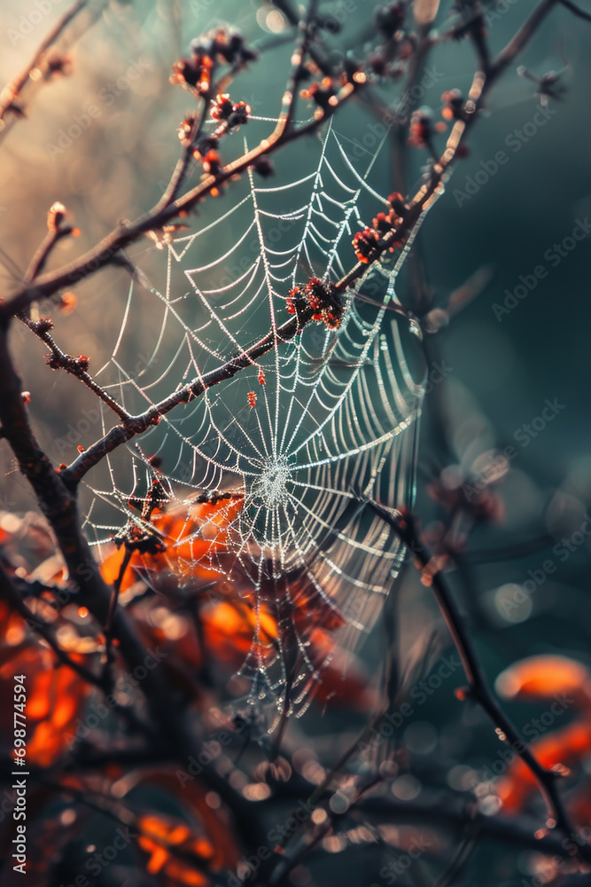 Poster a spider web delicately hangs from a tree branch. perfect for nature-themed designs and halloween de