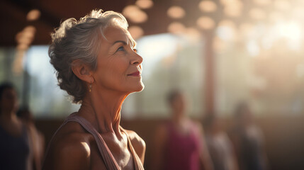 Close-up of an elegant modern European woman around 70 years old, well-groomed, with gray hair, sitting in a meditative pose in an yoga studio filled with sunlight. Harmony and beauty at any age