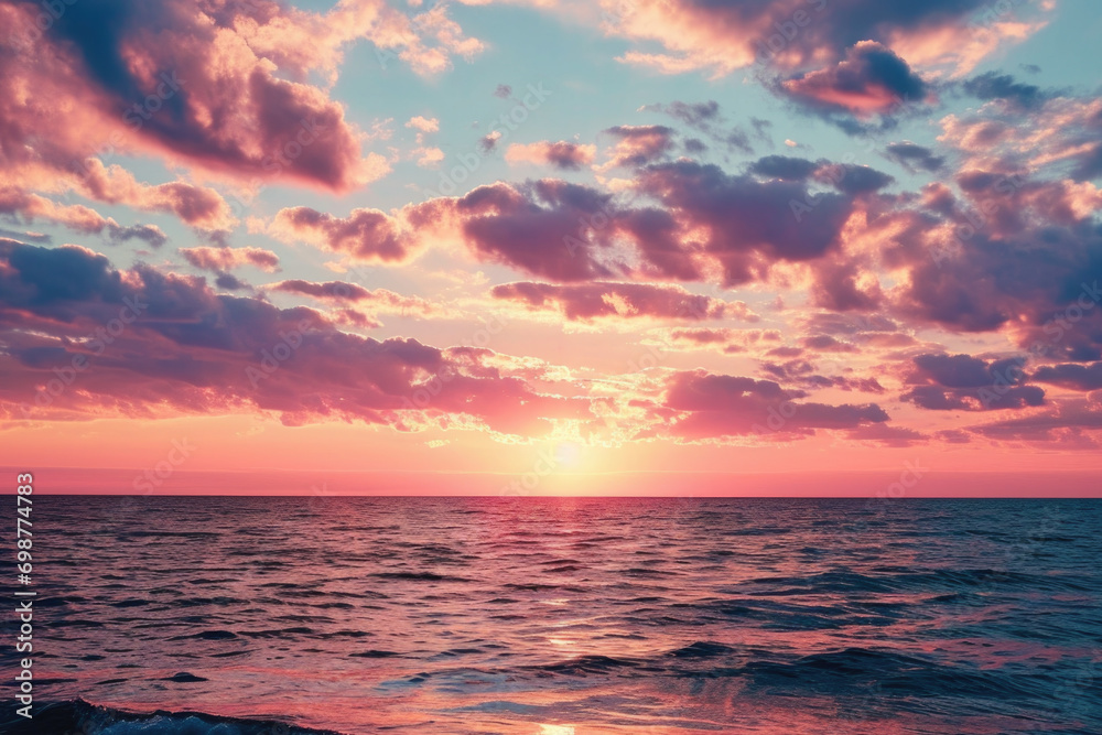 Poster a beautiful sunset over the ocean with clouds in the sky. ideal for travel and nature-themed project