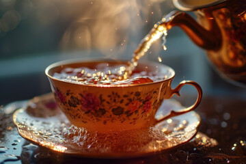 Fototapeta premium A cup of tea being poured into a teapot. Suitable for illustrating tea preparation and traditional tea ceremonies