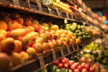 A vibrant display of fresh fruits and vegetables in a grocery store. Perfect for showcasing healthy...
