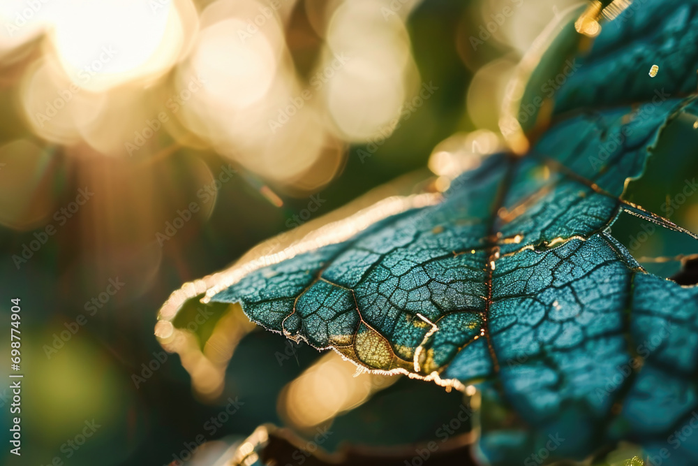 Poster a detailed close-up photograph of a single leaf on a tree. can be used for nature-themed designs and