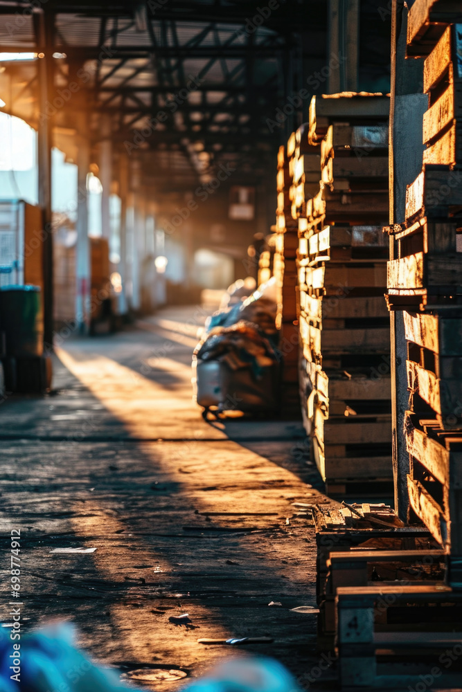 Poster a warehouse filled with lots of boxes and pallets. suitable for logistics, storage, and inventory-re