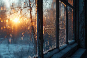 Sunlight streaming through a frost-covered window. Perfect for winter-themed designs and holiday concepts