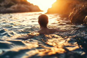 A person is depicted swimming in a body of water. This image can be used to illustrate recreational activities or promote water sports