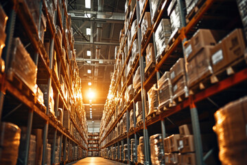 Fototapeta premium A large warehouse filled with lots of boxes. Perfect for logistics, storage, or inventory concepts