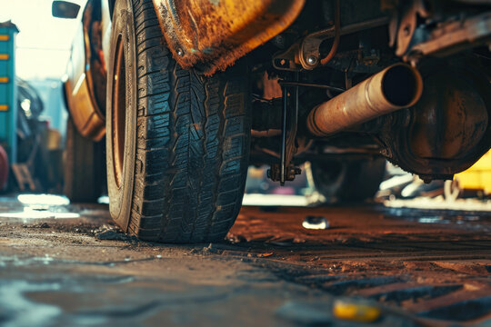 A detailed view of a tire on a vehicle. This image can be used to showcase automotive parts, transportation, or for illustrating vehicle maintenance