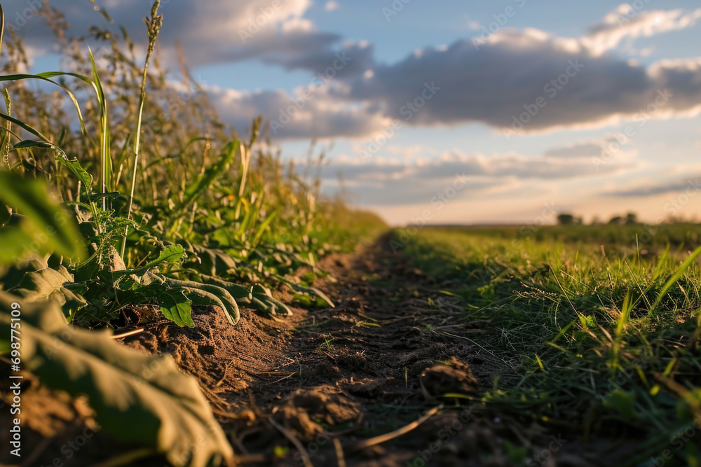 Poster a picture of a field of grass with a clear blue sky in the background. perfect for nature and landsc