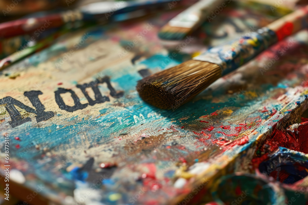 Poster A detailed view of a paintbrush resting on a paint palette. This versatile image can be used in various artistic and creative projects