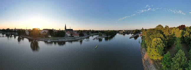 Nymburk town aerial panorama landscape view of dragon boat festival, water sports on Labe...