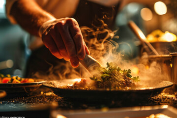 A person cooking food on a pan on a table. Suitable for food preparation and cooking concepts