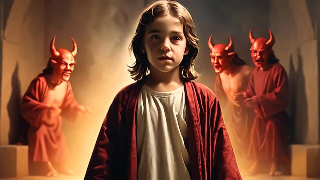 demon Satan devil behind the little child, boy, Generative Ai