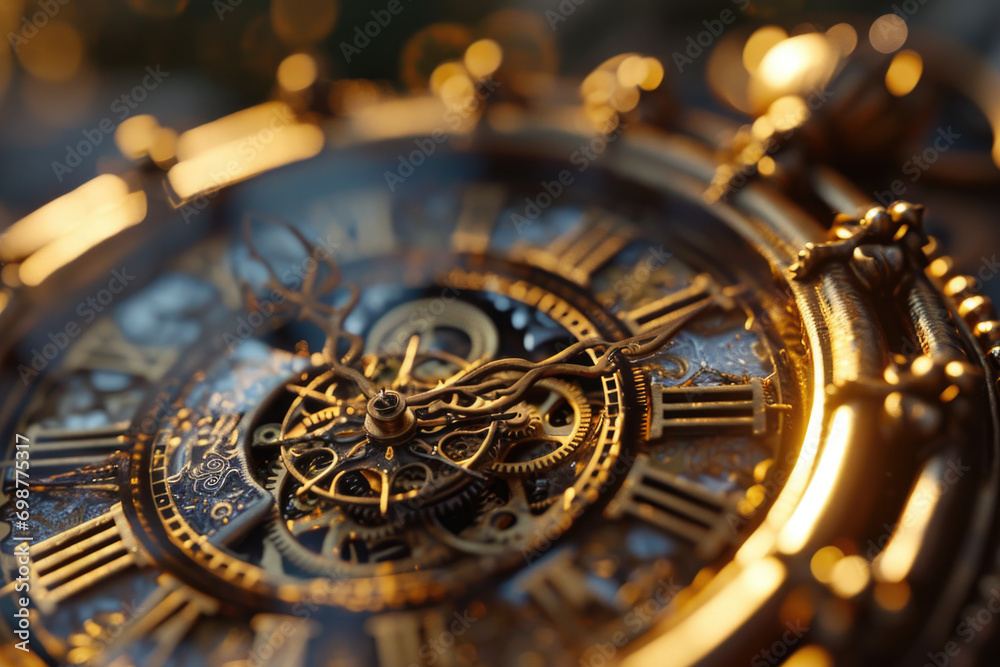 Poster A close-up view of a clock with a gold face. This image can be used to represent time management, punctuality, or the passage of time