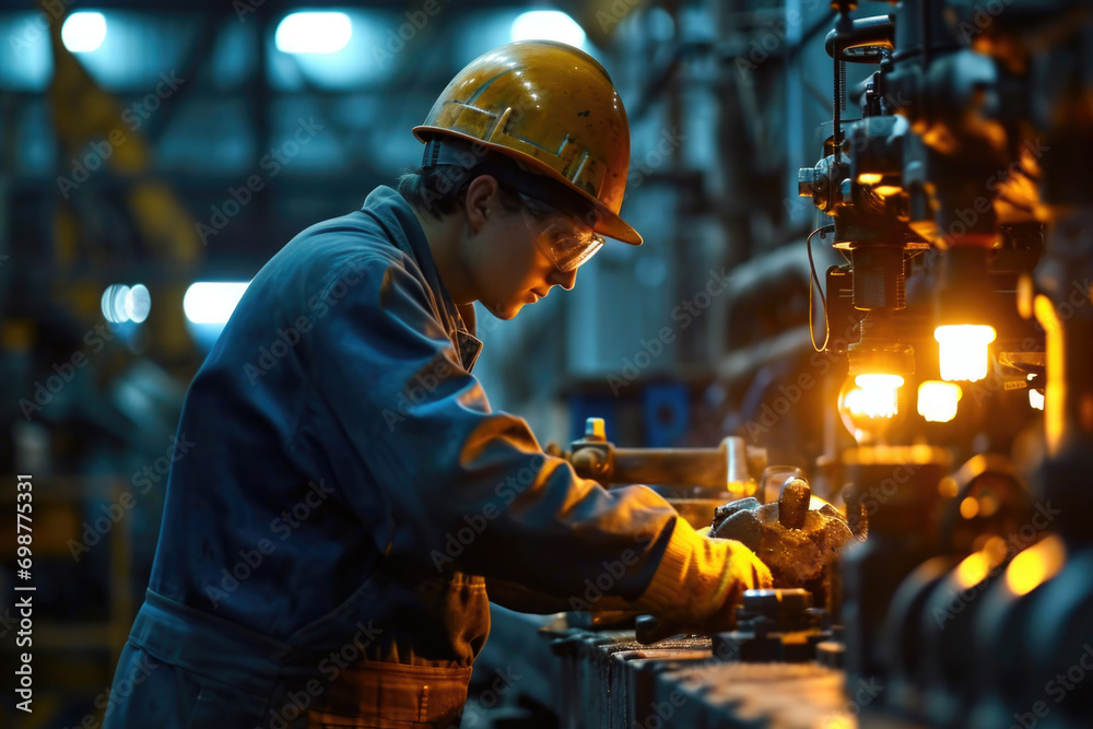 Poster a man wearing a hard hat is seen working on a machine. this image can be used to depict industrial w