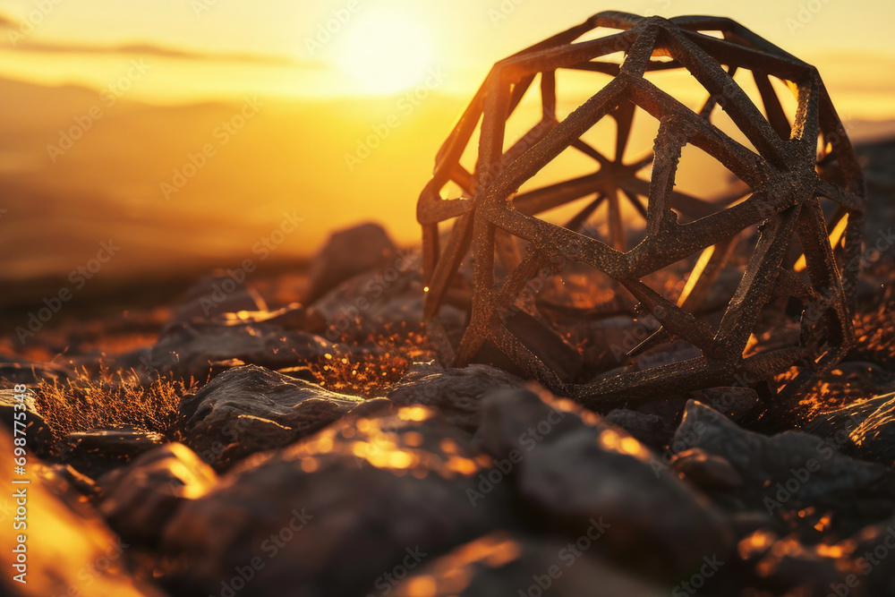 Poster A metal object resting on a stack of rocks. Suitable for various outdoor and industrial themes