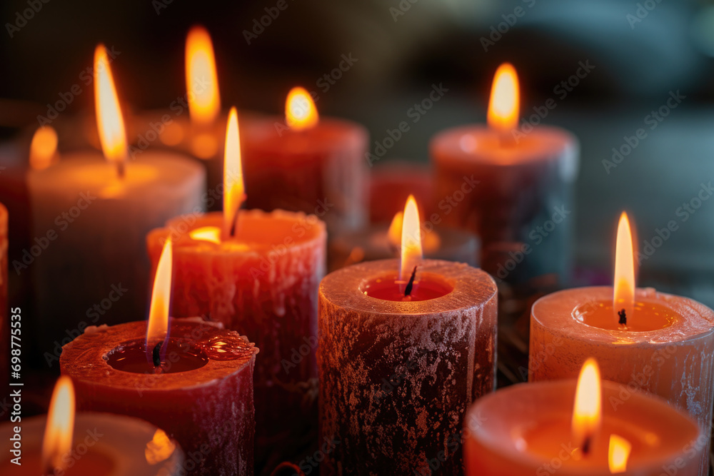 Poster lit candles arranged in a group on top of a table. can be used for decoration or as a symbol of cele