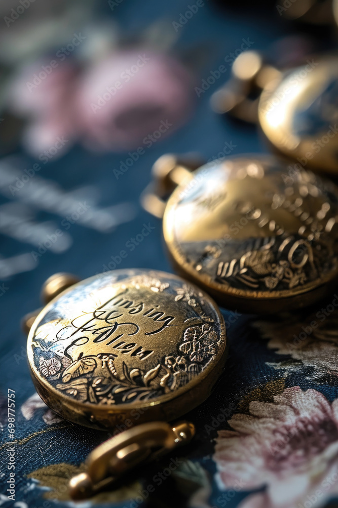 Poster a detailed close-up of a pocket watch resting on a table. this image can be used to depict the conce