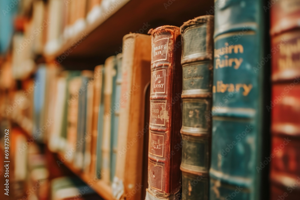 Poster An antique bookshelf displaying a collection of old books. Perfect for adding a touch of nostalgia to any space